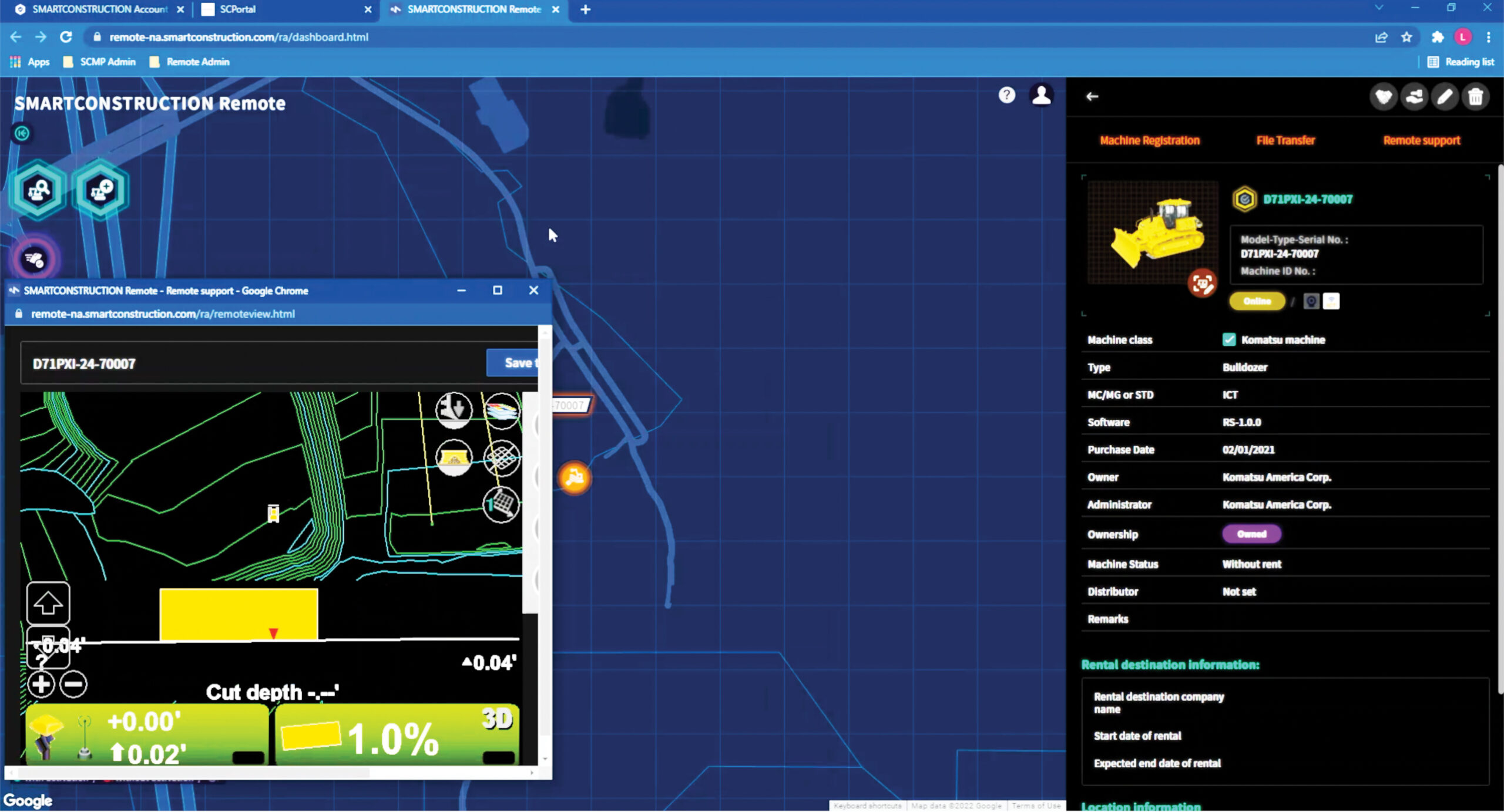 A desktop screenshot of the Smart Construction Remote interface showing a Komatsu Dozer