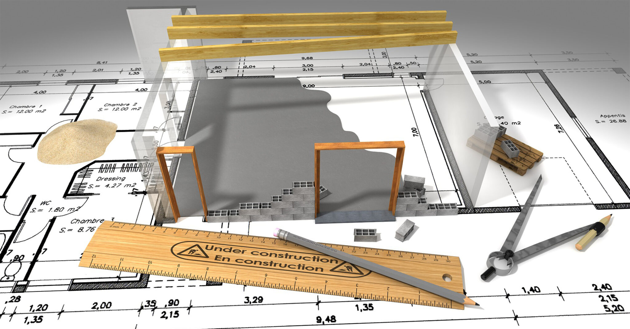 Building Information Modeling| A 3D model of a building and a ruler sit on top of paper building plans