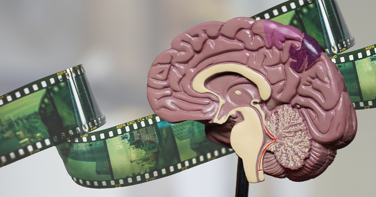 Construction Suicide Prevention Mental Health | An image of an anatomy model of a brain with movie film swirling around it
