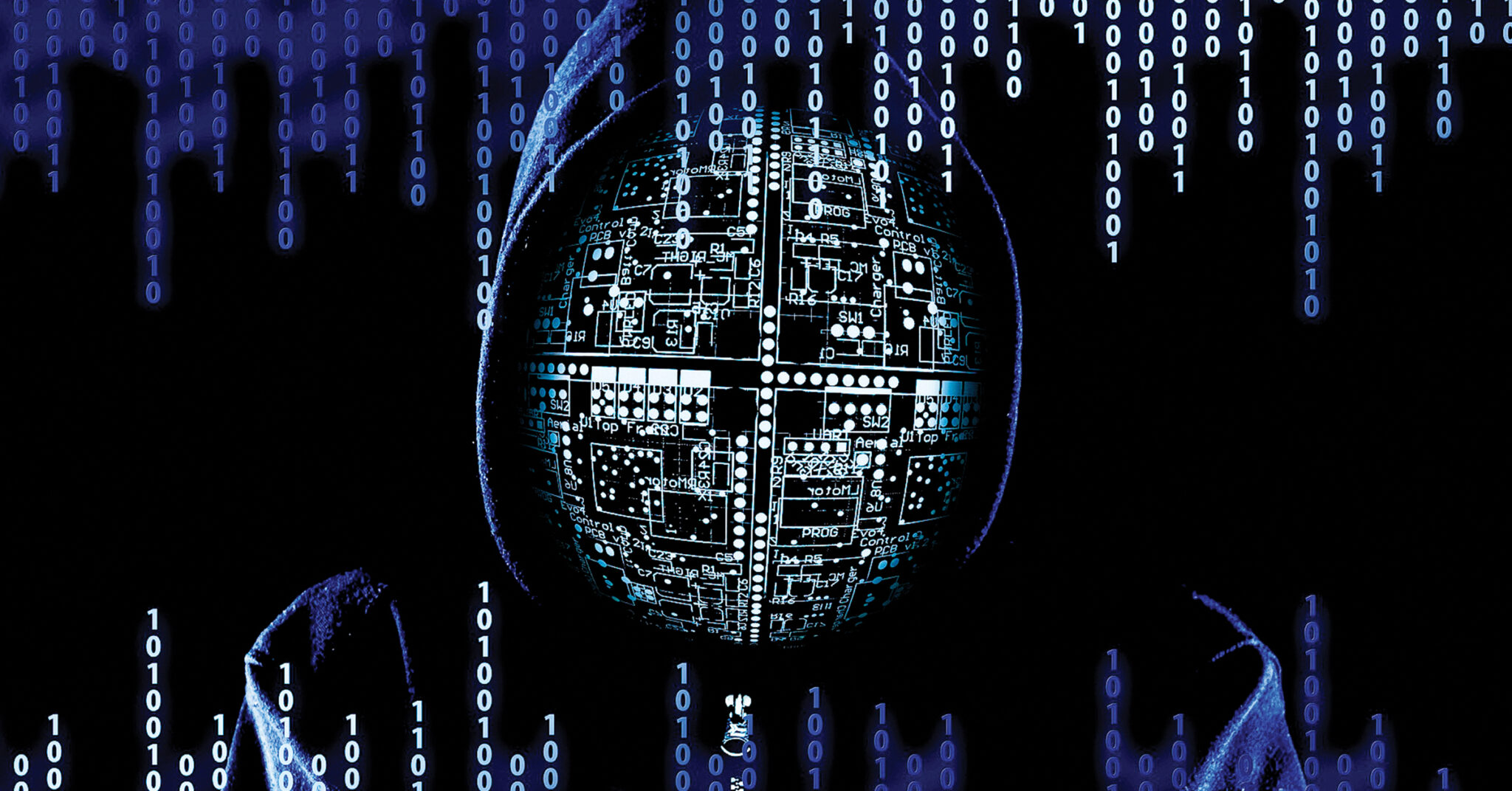 Cyber Insurance | An image of a man in a hood with computer binary and a computer chip pattern superimposed over top