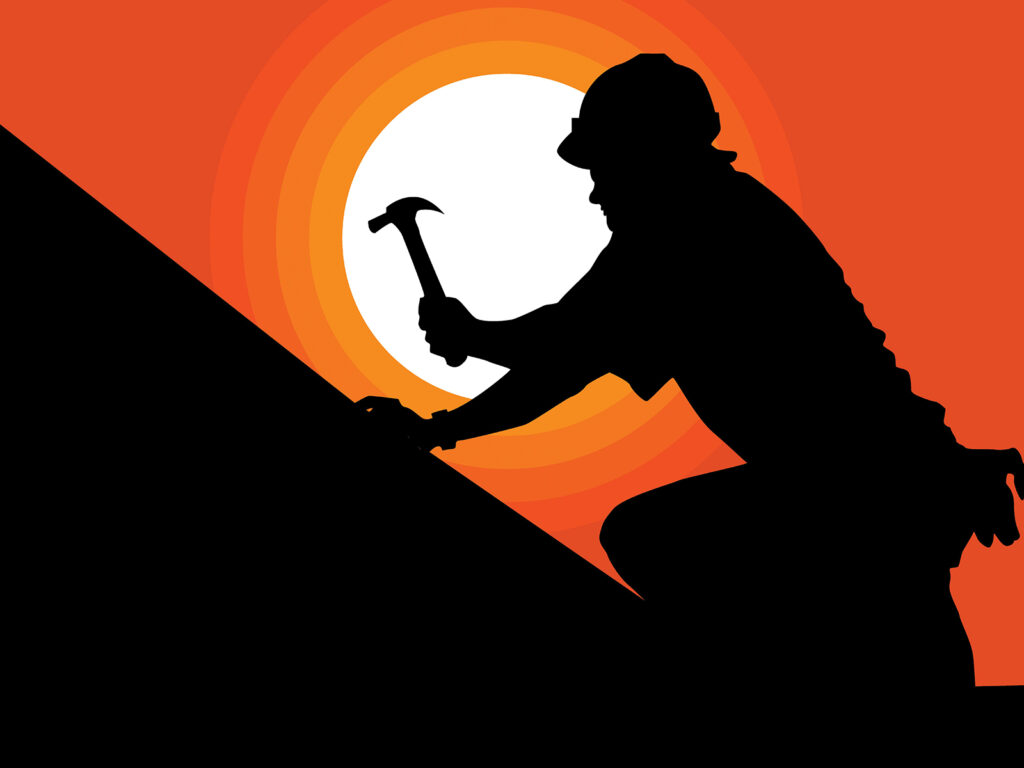An illustration of a contractor with a hammer working in front of the sun