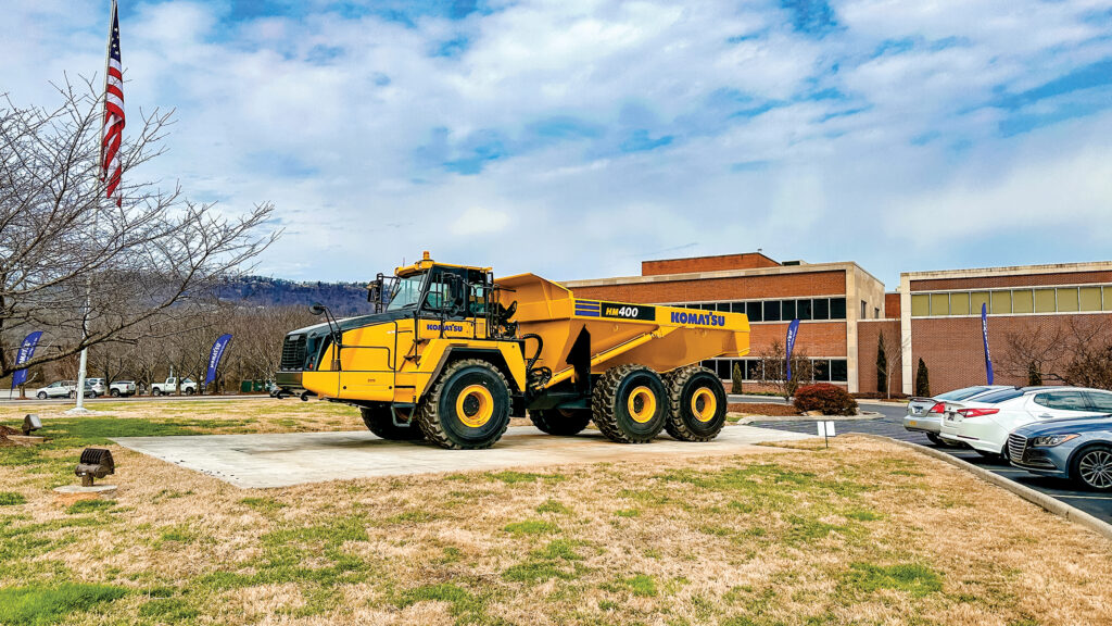 An HM400-5 articulated haul truck in front of Komatsu's Chattanooga Manufacturing Operation in Tennessee